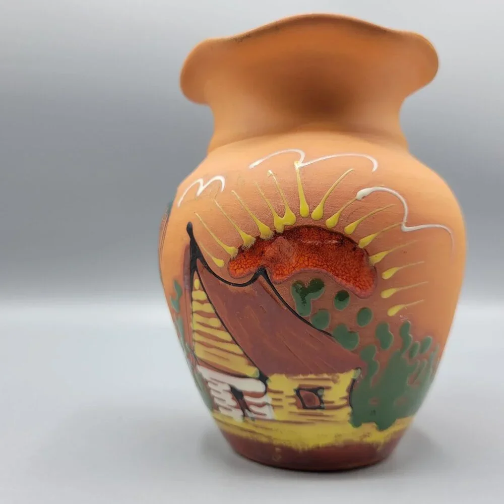 Vintage Hand Painted Terracotta Vase Scenic Design Flared Rim Signed Punta Cana - Picture 9 of 13